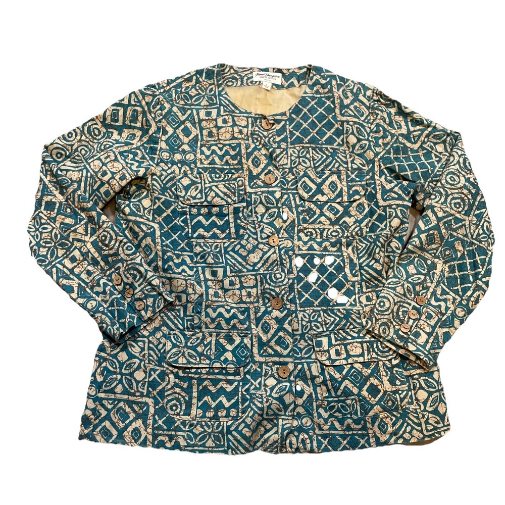 Norm Thompson Women's Jacket Button Front Floral Print Teal Cotton Lined Large